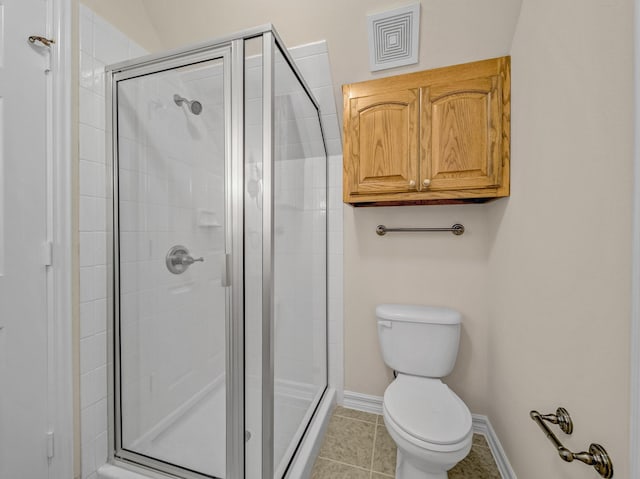 full bathroom with visible vents, toilet, a shower stall, tile patterned flooring, and baseboards