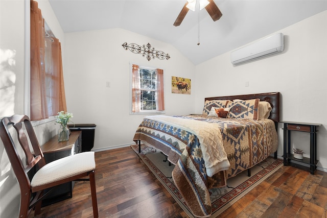 bedroom featuring vaulted ceiling, ceiling fan, dark wood-type flooring, and a wall mounted air conditioner