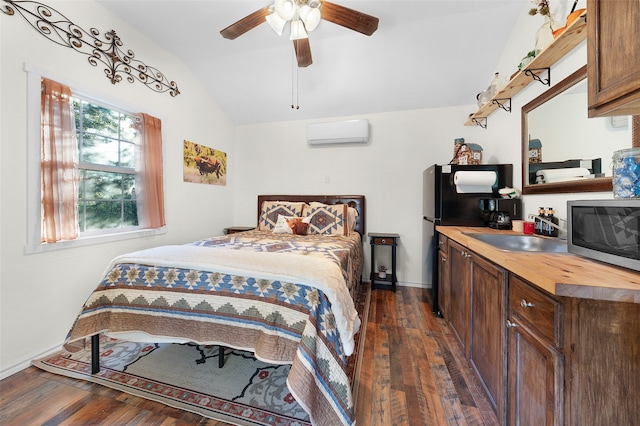 bedroom featuring ceiling fan, lofted ceiling, dark hardwood / wood-style flooring, and a wall unit AC