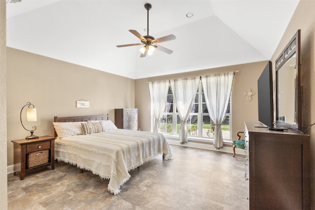 bedroom featuring high vaulted ceiling and ceiling fan