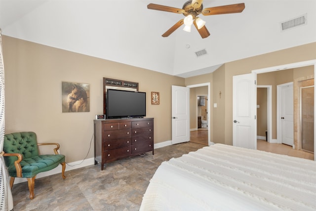 bedroom with ceiling fan and high vaulted ceiling