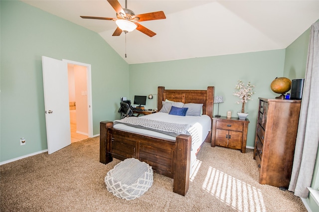 bedroom featuring carpet floors, vaulted ceiling, baseboards, and ceiling fan