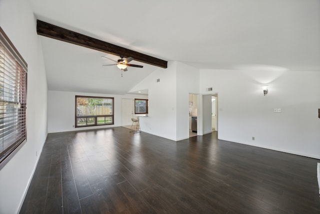 unfurnished living room with high vaulted ceiling, dark hardwood / wood-style floors, beamed ceiling, and ceiling fan