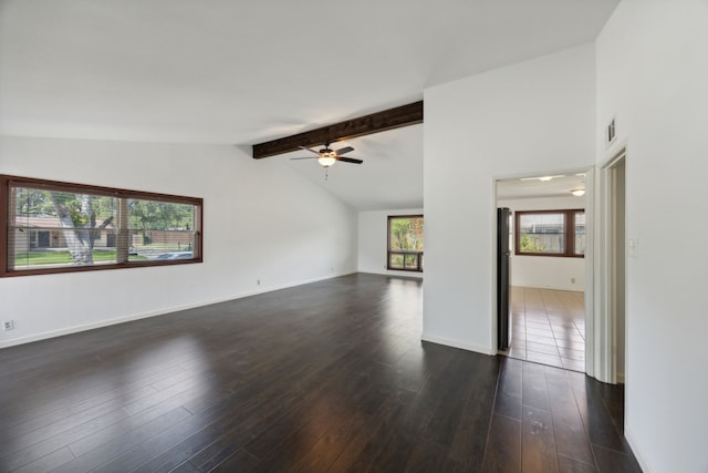 unfurnished living room with ceiling fan, dark hardwood / wood-style floors, and lofted ceiling with beams