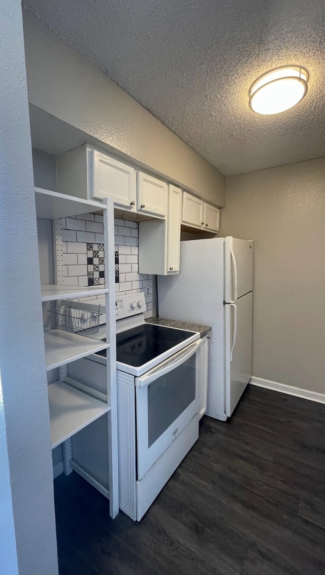 kitchen with backsplash, white electric range, dark wood-type flooring, and white cabinets