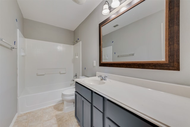 full bathroom with shower / bathing tub combination, vanity, toilet, and tile patterned floors