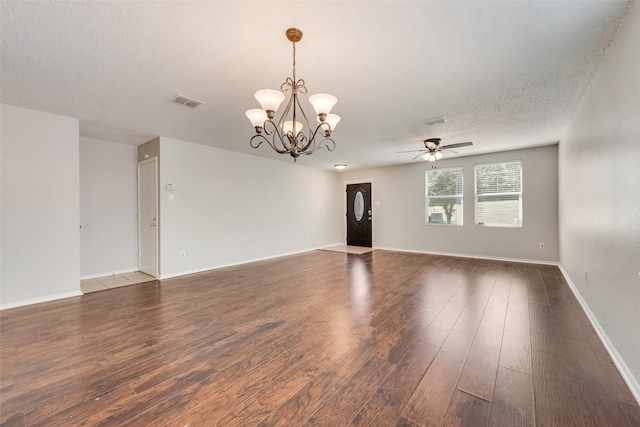 1200 Scenic Hills Dr, Mckinney, TX 75071 - unfurnished room featuring a textured ceiling, wood finished floors, ceiling fan with notable chandelier, and visible vents