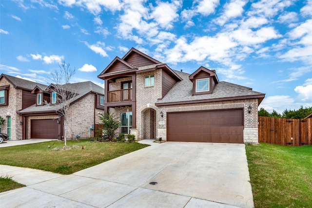 craftsman-style house with a garage, a balcony, and a front lawn