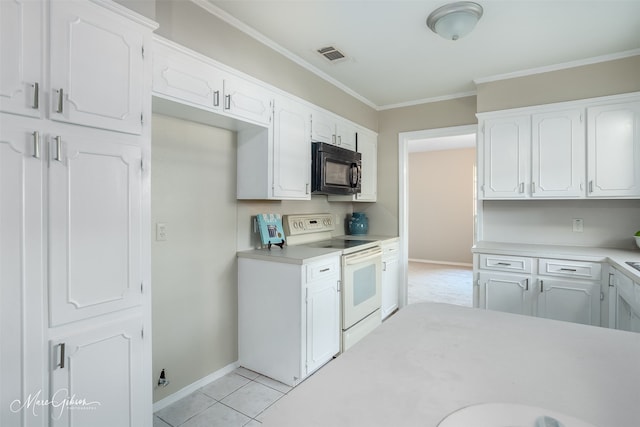 kitchen with white cabinets, white electric range, crown molding, and light tile patterned floors