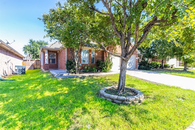 obstructed view of property with central AC unit, a front lawn, and a garage