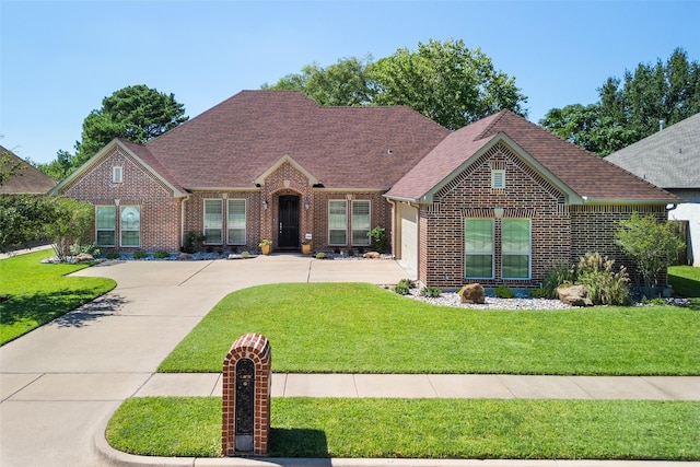 view of front facade with brick siding, roof with shingles, and a front yard