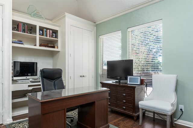 office space featuring dark hardwood / wood-style flooring and ornamental molding