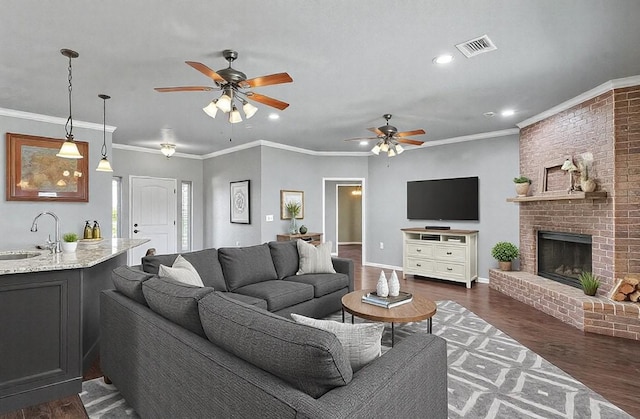 living room with sink, crown molding, dark wood-type flooring, and a fireplace