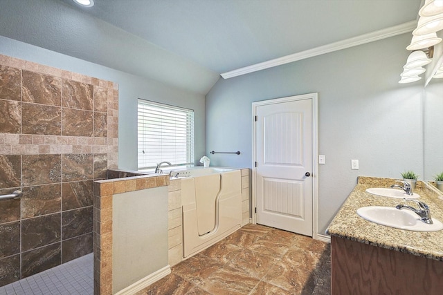 bathroom featuring vanity, crown molding, lofted ceiling, and separate shower and tub