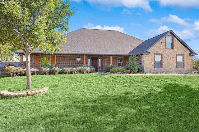 1412 Wedgewood Dr, Cleburne, TX 76033 - view of front of property featuring a front yard, stone siding, and roof with shingles