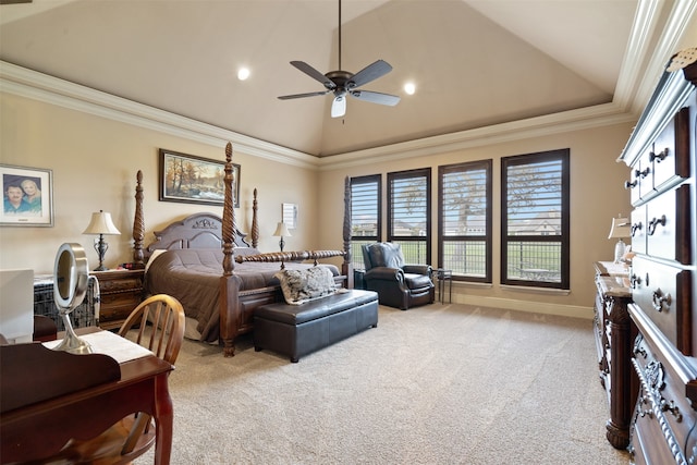 bedroom with ceiling fan, light colored carpet, crown molding, and high vaulted ceiling