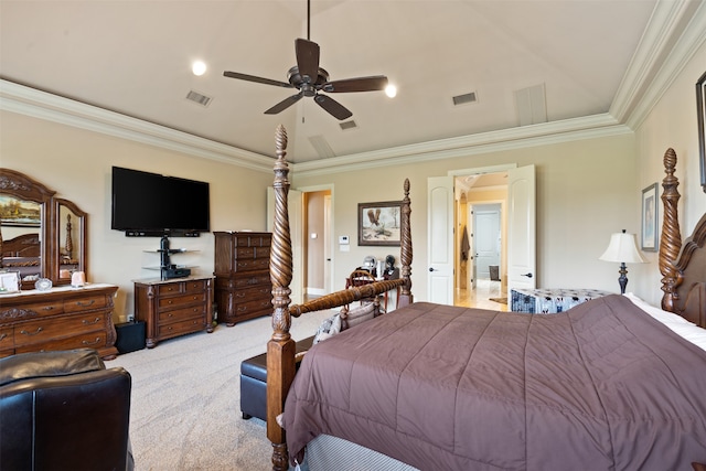 bedroom featuring ornamental molding, ceiling fan, and light colored carpet