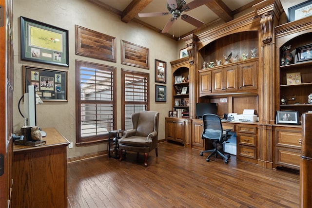 office area with ceiling fan, beamed ceiling, dark hardwood / wood-style floors, and coffered ceiling