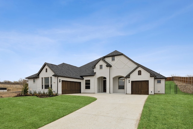 french country inspired facade with a garage and a front lawn