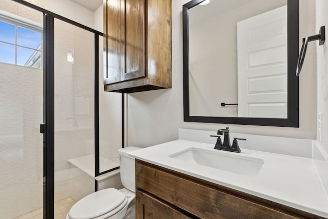 bathroom featuring toilet, vanity, and walk in shower