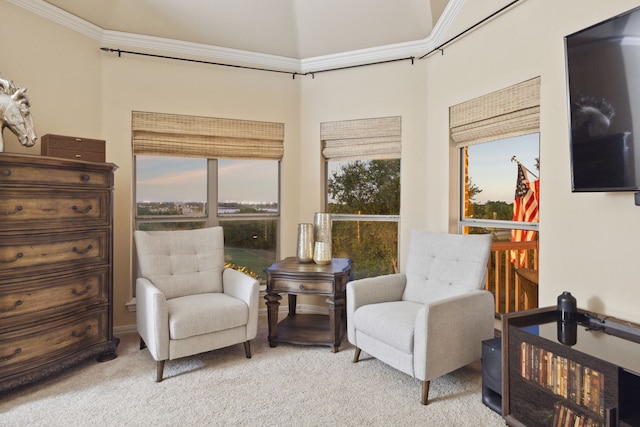 sitting room with light colored carpet and ornamental molding