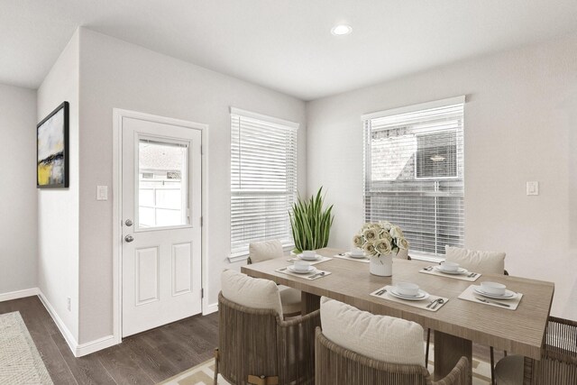 dining room with dark wood finished floors, a healthy amount of sunlight, and baseboards