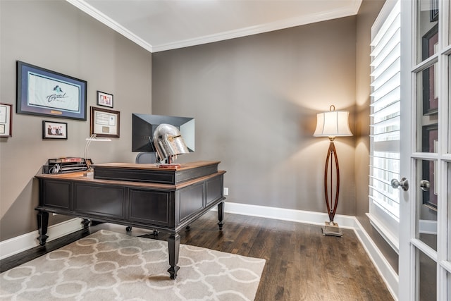 office space featuring ornamental molding and dark wood-type flooring