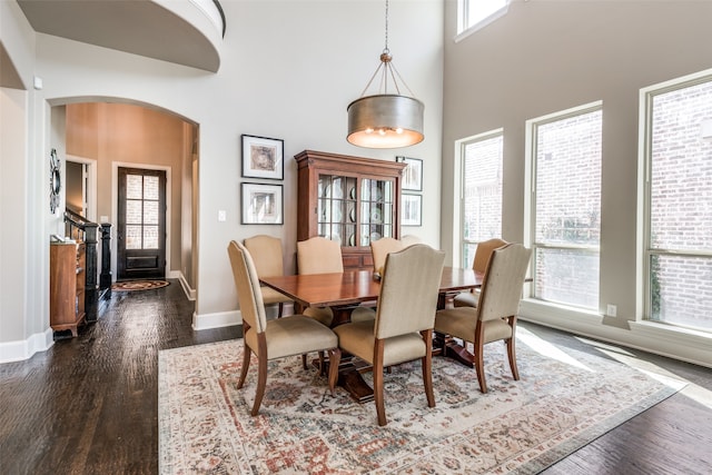 dining space with a high ceiling and dark hardwood / wood-style floors