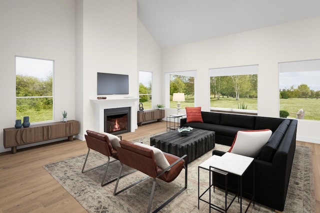 living room with hardwood / wood-style floors, a healthy amount of sunlight, and high vaulted ceiling