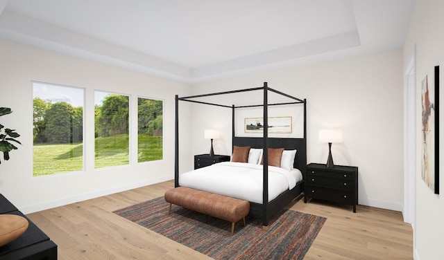 bedroom featuring light hardwood / wood-style flooring and a raised ceiling