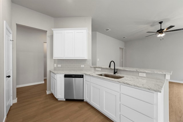 kitchen with sink, white cabinets, dishwasher, and kitchen peninsula