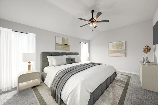 carpeted bedroom featuring ceiling fan and lofted ceiling