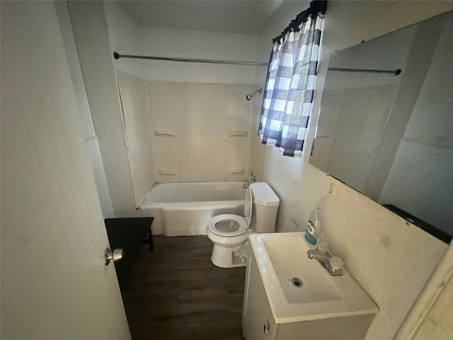 full bathroom featuring wood-type flooring, vanity, toilet, and bathtub / shower combination