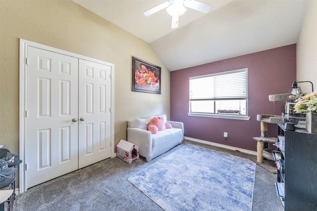 sitting room featuring carpet, lofted ceiling, and ceiling fan