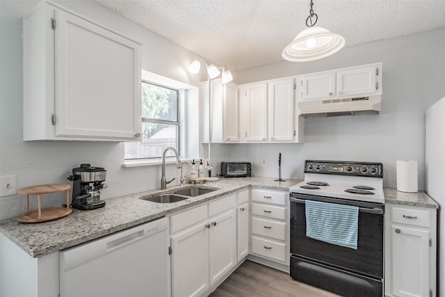 kitchen with white cabinetry, electric stove, pendant lighting, white dishwasher, and sink