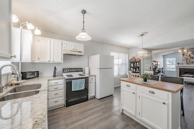 kitchen with white cabinets, a tile fireplace, plenty of natural light, and electric range oven