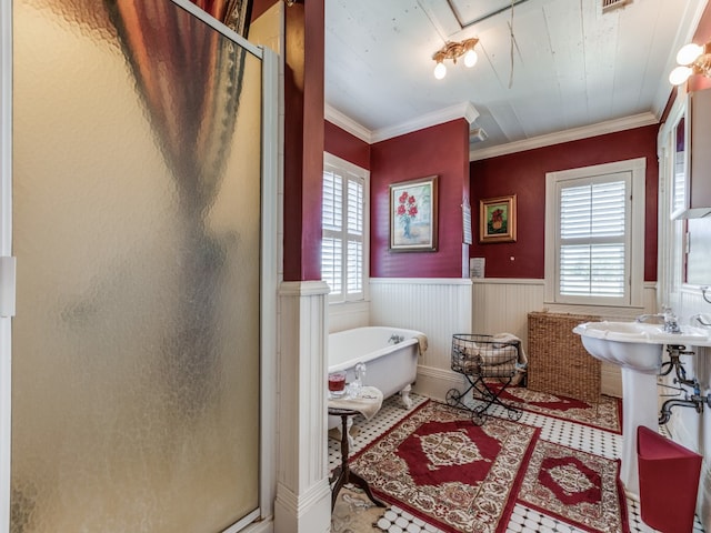 bathroom with shower with separate bathtub and crown molding