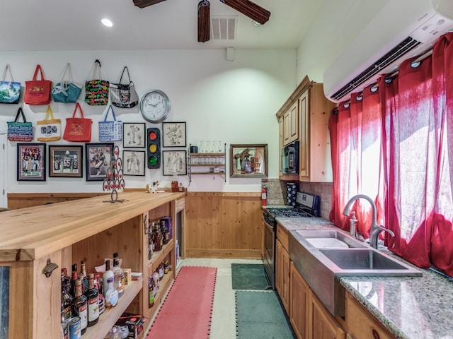 kitchen featuring ceiling fan, a wall unit AC, backsplash, electric range, and wood counters