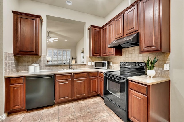 kitchen with sink, ceiling fan, backsplash, black appliances, and light tile patterned flooring