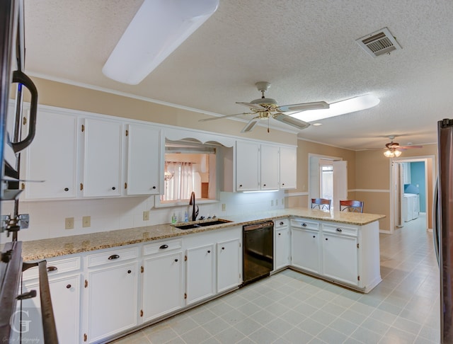 kitchen featuring kitchen peninsula, white cabinetry, dishwasher, and sink