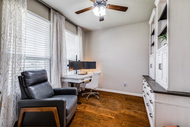 office area featuring dark wood-type flooring and ceiling fan