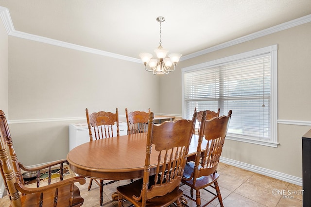 dining area featuring a chandelier, light tile patterned floors, and crown molding