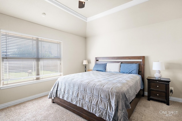 bedroom featuring ceiling fan, light colored carpet, and ornamental molding