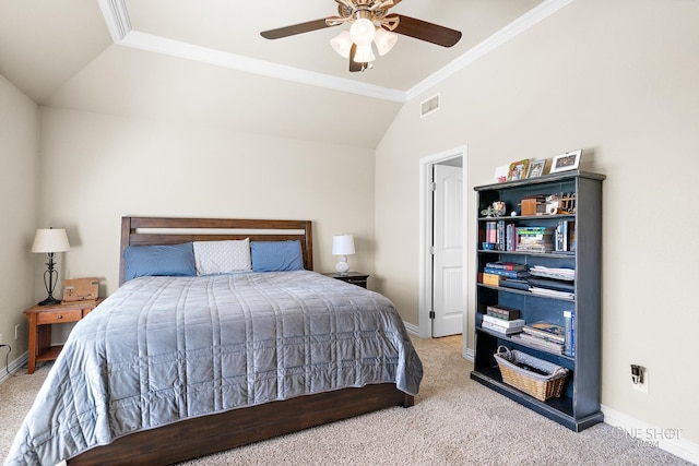 bedroom with ornamental molding, carpet, ceiling fan, and vaulted ceiling