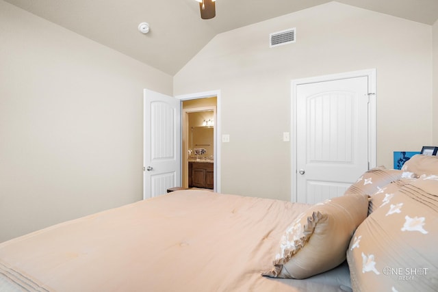 bedroom featuring ceiling fan and lofted ceiling