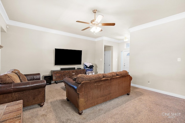 living room featuring ornamental molding, ceiling fan, and light colored carpet