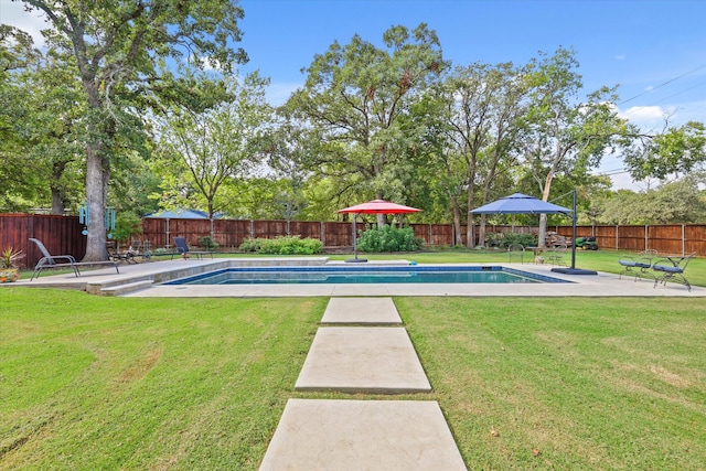 view of pool with a lawn and a patio area