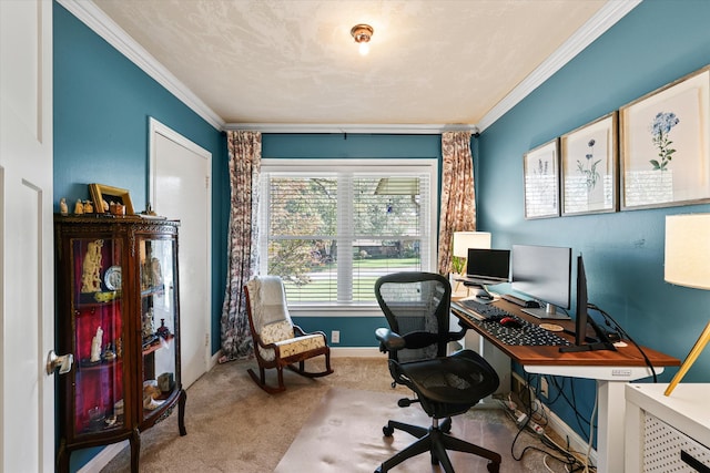 office area with light colored carpet and crown molding