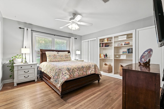 bedroom with ceiling fan and light wood-type flooring