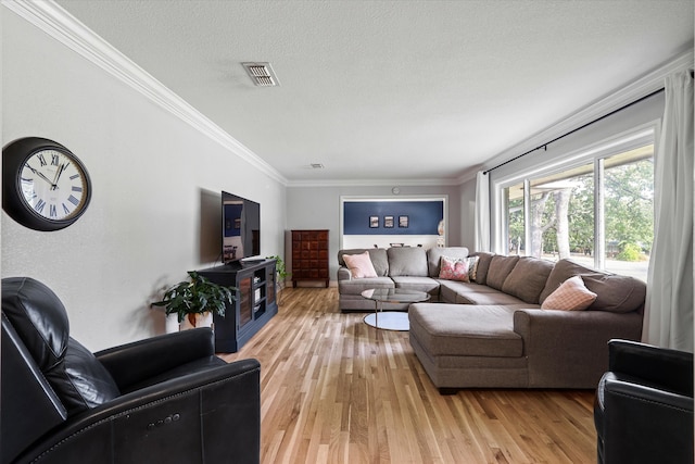 living room featuring a textured ceiling, ornamental molding, and light hardwood / wood-style flooring